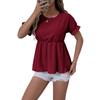 Primavera y Verano 2025 Transfronterizo Amazon Europeo y Americano para Mujer Top Casual Jacquard de Manga Corta y Color Sólido con Cuello Redondo y Manga Acampanada para Mujer