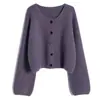 Cardigan de Tricô com Manga Lanterna Estilo Coreano para Mulheres, Novo Suéter de Outono Estilo Preguiçoso Solto, Peça de Roupa Externa Simples e Elegante, Tendência