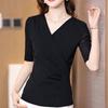 2024 Primavera y Otoño Nuevo Pulóver de Cuello en V Cruzado Versátil de Manga Media Camisa Base de Malla Ropa de Baile Prenda Exterior Superior Camiseta