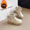 Botas de Couro para Meninas Estilo Outono e Inverno Botas Curtas com Pelúcia Adicional Botas Martin para Crianças Sola Macia Antiderrapante Botas de Princesa Botas da Moda com Laço