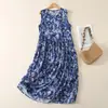 Tiro real Vestido maxi sin mangas de cuello redondo vintage hasta el tobillo de algodón estampado pequeño fresco ajustado línea A vestido tipo tank