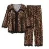 Conjunto de Ropa de Casa con Estampado de Leopardo para Mujer Fuxi Jiada de Seda de Leche - Pijama de Dos Piezas de Manga Larga, Suave y con Caída