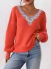Blusa de punto con cuello de lentejuelas, puntadas florales y cuello en V, estilo holgado y perezoso, manga larga, para mujer, estilo europeo y americano, transfronterizo, con encaje