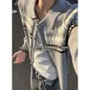 Chaqueta de Punto con Cuello Polo Estilo Retro Americano para Hombre Otoño Cardigan de Punto Jacquard a Cuadros Chaqueta Casual Holgada