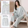 Pijama feminino 100% algodão, de manga comprida e perna comprida, com bojos embutidos no peito, adequado para usar como roupa externa, conjunto casual de duas peças, roupa de ficar em casa plus size