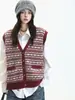 Colete de Tricô Jacquard Estilo Coreano Retrô Fair Isle Feminino Outono Inverno Gola V Sem Mangas Peça para Sobrepor Top Tank Jaqueta Colete