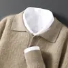 Nuevo suéter POLO 100% lana para otoño e invierno para hombre, simple y versátil, camiseta base de punto de cachemira holgada