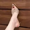 Primer Encuentro 2026 Zapatillas de encaje color champán estilo francés de tacón alto para mujer, tacón de aguja versátil, sandalias de dedo puntiagudas de nicho