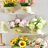 Decoración de Flores Artificiales Arreglo de Flores de Girasol Pequeño Macetero Plástico Ramo Decoración de Sala de Estar Mesa de Comedor Decoración de Planta Verde