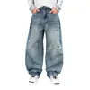 Jeans de alta qualidade com lavagem desgastada e rasgos para homens, nova marca da moda de outono, estiloso e descolado, calça de corte solto e comprimento até o chão