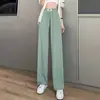 Pantalones de pierna ancha de seda helada para mujer, verano, finos, de cintura alta, fluidos, talla grande, para chicas rellenitas, sueltos, adelgazantes, a rayas, rectos, casuales, largos