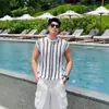 Comercio Exterior Transfronterizo Verano Hombres Europeos y Americanos Ropa de Punto Chaleco Rayado Calado Camiseta de Punto Una Pieza Envío Directo
