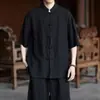 Camisa de Linho Tencel Masculina Manga Curta Verão Estilo Fino Estilo Chinês Roupa Tang Tamanho Grande Solta Manga de Cinco Pontos Terno Zhongshan Roupa para Cerimônia do Chá