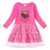 Vestido Transfronterizo Nuevo para Niñas Primavera y Otoño Algodón Estampado Caricatura Estrellas y Luna Malla Manga Larga Vestido de Princesa