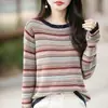 Sudadera de nuevo estilo holgada, top de punto a rayas de manga larga para principios de otoño, hilo de algodón, talla grande, capa interior de bloques de color, hombros caídos, colorido