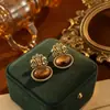 Pendientes de Corona Retro Franceses para Mujer, Pendientes de Piedra Ojo de Tigre Color Marrón Caramelo, Pendientes Vintage de Alta Gama