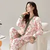 Pijama de Primavera e Outono Feminino Novo Cardigã Gola V Calças de Manga Comprida Doce Conjunto Casual Roupa de Casa