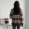 Suéter de punto para mujer estilo coreano, con rayas marrones y color café, cuello en V, textura de gofre y colores contrastantes, corte holgado