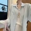 Camisa Versátil de Manga Larga con Cuello Polo, Delgada y Transpirable, Estilo Coreano, Corta por Delante y Larga por Detrás, Camisa Exterior Casual Minimalista para Mujer