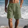 Novos shorts de algodão e linho 2025 cordão cintura elástica perna reta cor sólida respirável diário praia cinco calças casuais