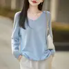 Suéter de Punto de Manga Larga con Cuello en V para Mujer, Suéter Delgado Casual en Amarillo, Corte Holgado, Efecto Adelgazante, Adecuado para Usar como Prenda Exterior o para Vestir en Capas