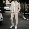 25 Conjunto de Chaqueta y Pantalones para Hombre de Punto Waffle Color Sólido con Cremallera Bolsillos Solapa Otoño e Invierno