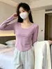Camiseta de Manga Larga para Mujer, Estilo Delgado de Otoño e Invierno, Top con Dobladillo Irregular en Forma de U, Ropa Interior Ajustada y Sexy para Chicas, Camiseta Base para Chicas Atrevidas