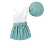 Nuevo Conjunto de Verano para Niñas de Amazon, Conjunto de Tres Piezas para Niños Pequeños y Medianos con Top de Hombro Oblicuo con Tirantes y Mangas Volante + Shorts y Sombrero