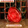 Prato de Oferenda Plástico Espesso Imitação de Vidro com Estampagem Dourada, Prato de Frutas Lótus com Pé Alto, Prato de Frutas de Oferenda Vermelho com Relevo da Fortuna, Coleção Completa de Artigos Budistas