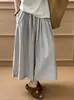 Pantalones de Pierna Ancha con Cintura Elástica Estilo Coreano Casual Algodón Rayas Verticales Cordón Primavera/Verano Beige Gris Rayas Azules 77563