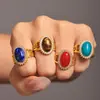 Anillo abierto de acero inoxidable con baño PVD de circonita con forma de onda ovalada y piedra natural ajustable en stock