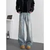 Jeans de pierna ancha de diseño recto holgado retro americano de moda para hombre, estilo gatito lavado con efecto desgastado, transfronterizos