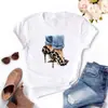 Camiseta feminina europeia e americana feminina salto alto estampado branco Gola redonda tamanho plus size Gola redonda