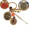 Llavero Zodiacal de Latón Cadena Decorativa Giratoria Juego de Cuatro Piezas con Cuerda de Nube Auspiciosa Vintage de Cinabrio y Monedas de los Cinco Emperadores para la Buena Fortuna
