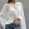 Camisa Blanca con Cordones Amazon 2026 Primavera Diseño Simple Europeo y Americano Holgada Cuello Alto Superior Ropa de Mujer de Comercio Exterior