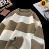 Suéter de cuello redondo a rayas para hombre, suéter grueso y cálido de base suelta, suéter de marca de moda de contraste retro de estilo americano, otoño e invierno