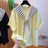 Conjunto de dos piezas para mujer de talla grande con camiseta de manga corta a rayas y chal, adecuado para principios de primavera y verano, corte holgado, top de manga corta talla grande