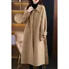 Casaco Longo de Lã Double Face Acima do Joelho Feminino Gola Polo Casaco de Lã Solto Cor Sólida Elegante Cardigan Slim