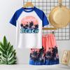 Roupa de Banho Infantil Meninos Roupa de Banho Dividida 2025 Nova Estampa de Coqueiro Manga Curta Shorts de Praia Roupa de Banho Meninos