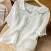 Top de Ramio con Cuello Marino de Manga Corta, Blusa Artística Retro de Algodón y Lino, Cuello de Muñeca, Corte Holgado, Adelgazante, Estilo Delgado, Nuevo Modelo 2026