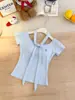 5143# Camiseta de Manga Corta con Cuello en U de Lunares Estilo Chica Picante Diseño Femenino de Sentido Nicho Ribete Fluido Ajustado Favorecedor con Almohadillas en el Pecho Top
