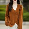 Cárdigan de Lana Pura con Cordones y Cuello en V de Diseño para Mujer Moda Otoño Invierno 2024 Top Chaqueta Tejida Holgada Combinable
