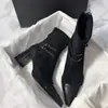 Botas de Mujer Elegantes y Nobles con Tacón Grueso Puntiagudas de Empalme Elásticas Ajustadas Talla Grande Tacón Medio Corto