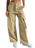Pantalones de trabajo de pierna ancha de cintura media-alta transfronterizos para mujer, pantalones largos rectos de algodón lavado multibolsillo, pantalones holgados adelgazantes de largo hasta el suelo