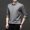 Camisa de Manga Larga para Hombre con Cuello de Solapa, Nuevo Estilo Otoño 2026, Color Sólido, Tapeta Oculta, Top Casual Elástico sin Costuras para Hombres Jóvenes y de Mediana Edad