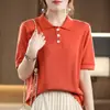 26 Verão Novo Estilo Malha de Algodão Puro Gola Polo Pulôver Versão Coreana Simples Cor Sólida Manga Curta Botão Top Roupa Feminina