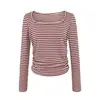Conjunto de Mujer Coreano Estilo Coreano Retro Camiseta de Manga Larga a Rayas para Mujer Cuello en U Ajustado Sexy Espalda Descubierta Adelgazante Top Base