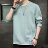 Camiseta Masculina Manga Longa Gola Redonda Marca da Moda Primavera e Outono Casual Versátil Falsa Peça Dupla Estilo Coreano Solta Moderna Cor Sólida Camiseta Básica