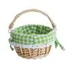 Cesta de mão trançada com forro xadrez de linho, cesta de frutas com alça móvel, cesta de flores trançada, cesta de armazenamento para casa