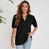 Novedad de verano 2022 en Amazon, tops cruzados europeos y americanos para mujer, camiseta casual de color liso con cuello en V y manga abullonada, holgada para mujer
